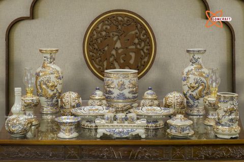  Bộ đồ thờ Bát Tràng cao cấp dâng gia tiên men hoàng tộc đắp nổi vẽ vàng 24k 19 vật phẩm 