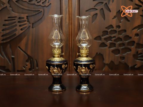  Đèn dầu thờ cúng Bát Tràng hoạ tiết hoa sen men xanh coban đắp nổi vẽ vàng 24K cao 25 cm 