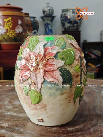  Bình Hoa Bát Tràng hoạ tiết hoa lan đắp nổi vẽ vàng 24k cao 25 cm 