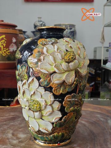  Bình Hoa Bát Tràng hoạ tiết hoa sen trắng đắp nổi vẽ vàng 24k cao 30 cm 