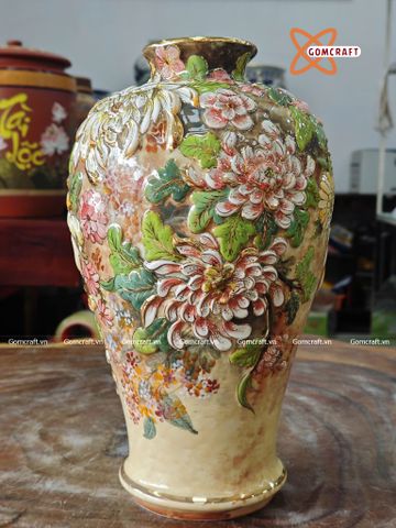  Bình Hoa Bát Tràng hoạ tiết ngàn hoa đắp nổi vẽ vàng 24k cao 30 cm 