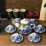  Ấm Chén Bát Tràng gốm Trắng men Lam Trúc Lâm Thất Hiền bọc Đồng dáng Thủy Bình 300ml | Quà Tặng Doanh Nghiệp bộ ấm chén uống trà 