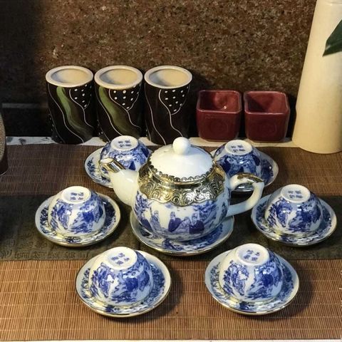  Ấm Chén Bát Tràng gốm Trắng men Lam Trúc Lâm Thất Hiền bọc Đồng dáng Thủy Bình 300ml | Quà Tặng Doanh Nghiệp bộ ấm chén uống trà 