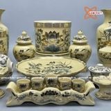  Bộ đồ thờ họa tiết hoa sen gốm Chu Đậu vẽ vàng kim 
