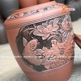  Quà tặng cao cấp Hũ gạo tài lộc chất liệu gốm mộc khắc Cá Chép Hoa Sen dung tích 30 lít 