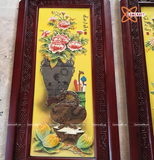  Tranh Gốm Tứ Quý Bát Tràng Cổ Đồ Phú Quý men màu đắp nổi kích thước 45 x 95 cm khung gỗ hương 