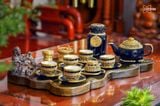  Quà Tặng Doanh Nghiệp | Ấm Chén Bát Tràng vuốt tay họa tiết Trống Đồng đắp nổi men xanh coban bọc đồng cao cấp 