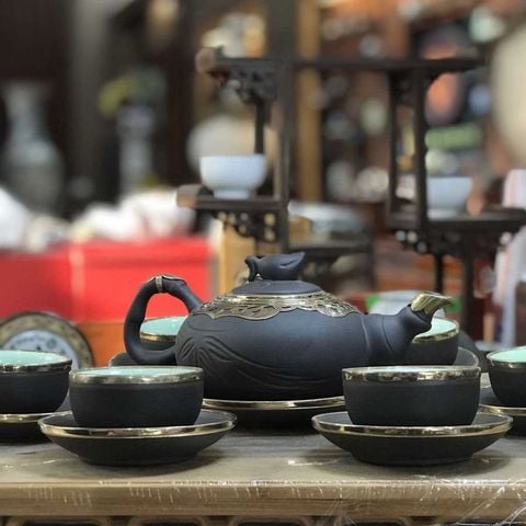  Ấm Chén Bát Tràng gốm Tử Sa bọc Đồng dáng Thủy Bình 320ml | Quà Tặng Doanh Nghiệp bộ ấm chén uống trà 