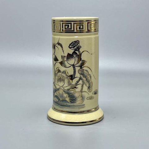  Ống hương họa tiết hoa sen gốm Chu Đậu vẽ vàng kim 19cm 