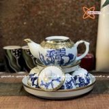  Ấm Chén Bát Tràng bọc Đồng men Lam họa tiết Hoa Đào dáng Thủy Bình 300ml | Quà Tặng Doanh Nghiệp bộ ấm chén uống trà 