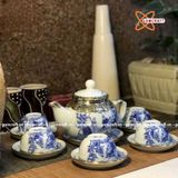  Ấm Chén Bát Tràng gốm Trắng men Lam Trúc Lâm Thất Hiền bọc Đồng dáng Thủy Bình 300ml | Quà Tặng Doanh Nghiệp bộ ấm chén uống trà 