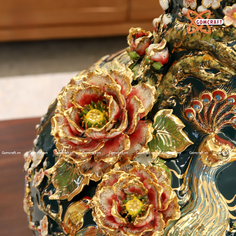  Bình Củ Tỏi cao cấp Phú Quý Trường Xuân men màu đắp nổi kênh bong vẽ vàng 24k cao 70 cm 