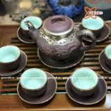  Ấm Chén Bát Tràng gốm Tử Sa bọc Đồng dáng Báo Xuân 420ml | Quà Tặng Doanh Nghiệp bộ ấm chén uống trà 