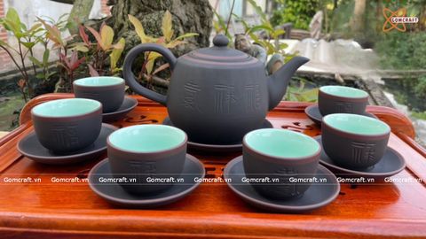 Ấm Chén Bát Tràng gốm Tử Sa dáng Búp Sen Đen lòng xanh khắc chữ Phúc Lộc Thọ 400ml | Quà Tặng Doanh Nghiệp bộ ấm chén uống trà 