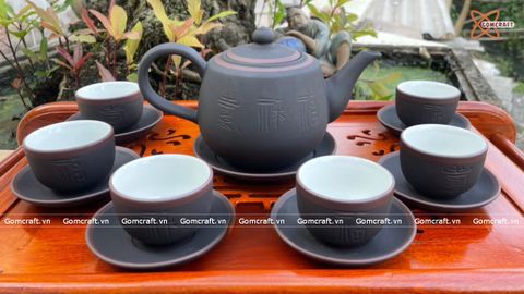  Ấm Chén Bát Tràng gốm Tử Sa dáng Búp Sen Đen chỉ đỏ lòng trắng khắc chữ Phúc Lộc Thọ 400ml | Quà Tặng Doanh Nghiệp bộ ấm chén uống trà 