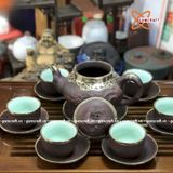  Ấm Chén Bát Tràng gốm Tử Sa bọc Đồng dáng Báo Xuân 420ml | Quà Tặng Doanh Nghiệp bộ ấm chén uống trà 