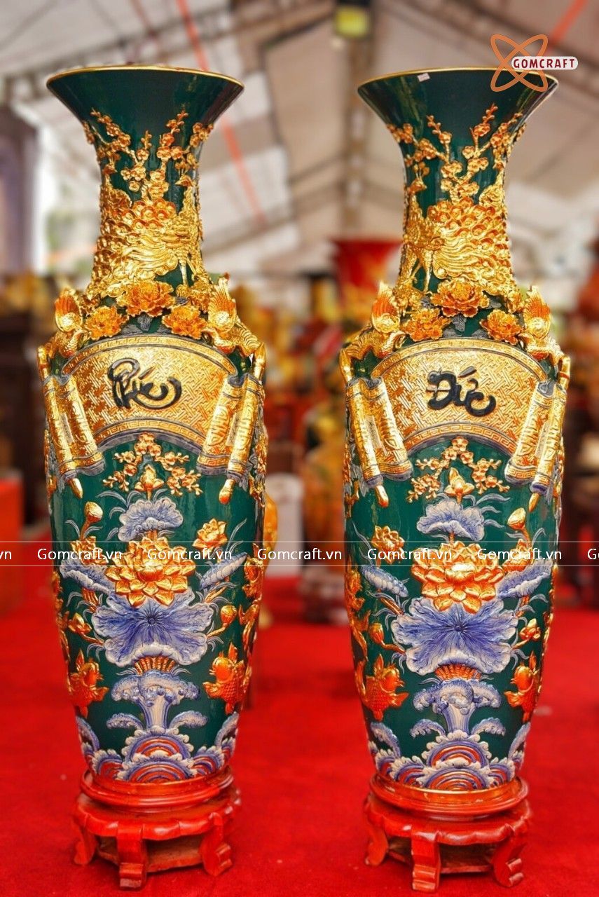  Quà Tặng Bố Lục Bình Bát Tràng cao cấp dát vàng Phúc Đức Sen Cá nền xanh đắp nổi kênh bông cao 1m6 