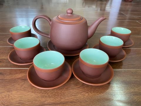  Ấm Chén Bát Tràng gốm Tử Sa dáng Búp Sen Đất chỉ đỏ lòng xanh 400ml | Quà Tặng Doanh Nghiệp bộ ấm chén uống trà 