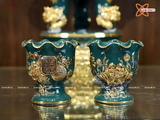  Đồ thờ Bát Tràng | Bộ đồ thờ dâng ban thờ gia tiên men sứ xanh ngọc đắp nổi vẽ vàng 37 vật phẩm 
