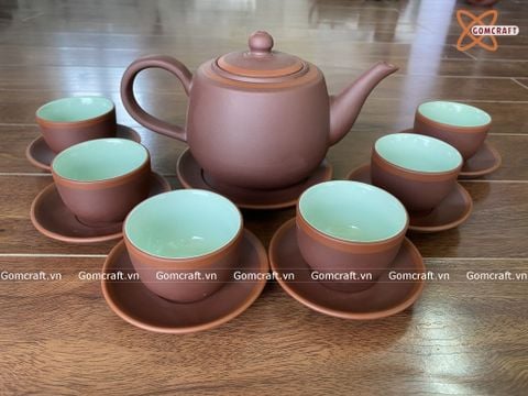  Ấm Chén Bát Tràng gốm Tử Sa dáng Búp Sen Đất chỉ đỏ lòng xanh 400ml | Quà Tặng Doanh Nghiệp bộ ấm chén uống trà 