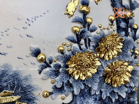  Tranh Gốm Tứ Quý Bát Tràng men màu đắp nổi kênh bong tứ cảnh dát vàng kích thước 45 x 95 cm khung gỗ gụ 