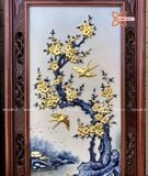  Tranh Gốm Tứ Quý Bát Tràng men màu đắp nổi kênh bong tứ cảnh dát vàng kích thước 45 x 95 cm khung gỗ gụ 