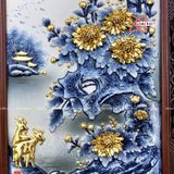  Tranh Gốm Tứ Quý Bát Tràng men màu đắp nổi kênh bong tứ cảnh dát vàng kích thước 45 x 95 cm khung gỗ gụ 
