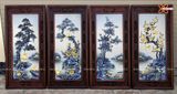  Tranh Gốm Tứ Quý Bát Tràng men màu đắp nổi kênh bong tứ cảnh dát vàng kích thước 45 x 95 cm khung gỗ gụ 