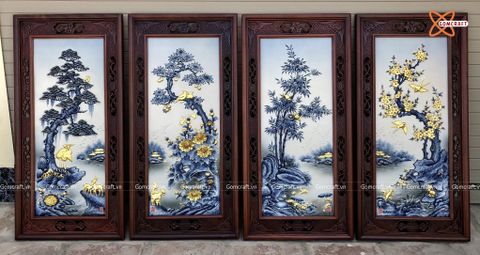  Tranh Gốm Tứ Quý Bát Tràng men màu đắp nổi kênh bong tứ cảnh dát vàng kích thước 45 x 95 cm khung gỗ gụ 