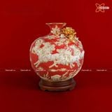  Quà Tặng Khai Trương Bình hút lộc Mã Đáo Thành Công vẽ vàng nền đỏ men trắng đắp nổi kênh hoa cao 48cm 