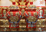  Đồ thờ Bát Tràng | Bộ đồ thờ dâng ban thờ gia tiên men sứ đỏ đắp nổi vẽ vàng 37 vật phẩm 