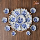  Quà Tặng Doanh Nghiệp | Bát Sứ Bát Tràng Hoa Mặt Trời vẽ Sen Cá hàng kỹ men lam size 45 bộ 15 chi tiết 