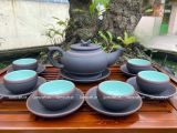  Ấm Chén Bát Tràng gốm Tử Sa dáng Trống Đai Đen chỉ bạc lòng xanh 300ml | Quà Tặng Doanh Nghiệp bộ ấm chén uống trà 