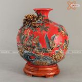  Bình Hút Lộc men đỏ Bách Hạc Quần Tùng đắp nổi cao 30cm | Quà Tặng Khai Trương bình hút lộc Bát Tràng 