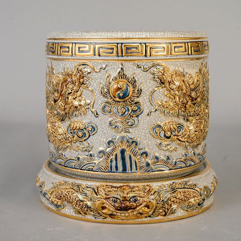  Bát hương Bát Tràng hoạ tiết Rồng men rạn đắp nổi vẽ vàng đường kính 25 cm 