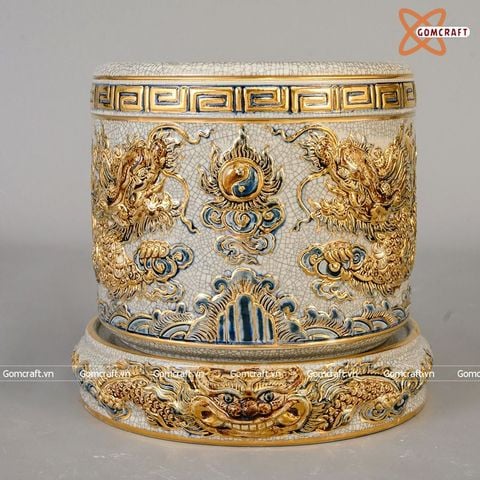  Bát hương Bát Tràng hoạ tiết Rồng men rạn đắp nổi vẽ vàng đường kính 25 cm 