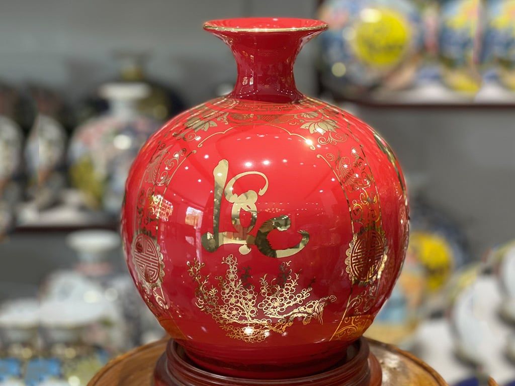  Bình Hút Lộc màu đỏ vẽ vàng Phúc Đức Tài Lộc 25cm bụng 23cm | Quà Tặng Khai Trương bình hút lộc Bát Tràng 