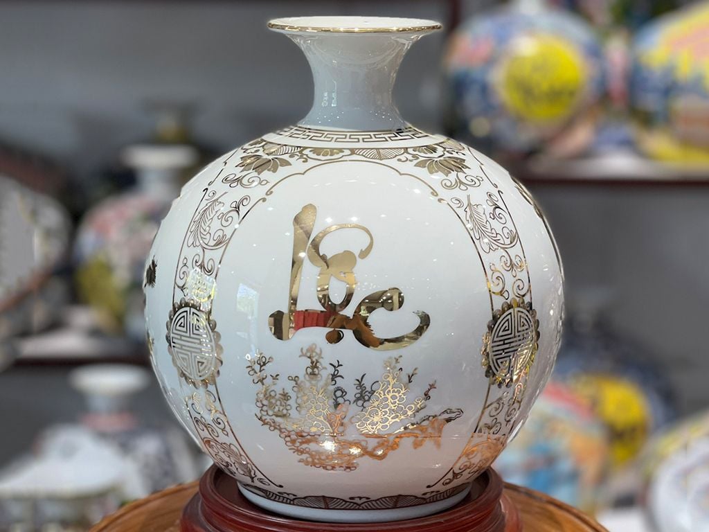 Bình Hút Lộc nền trắng vẽ vàng Phúc Đức Tài Lộc 25cm bụng 23cm | Quà Tặng Khai Trương bình hút lộc Bát Tràng 