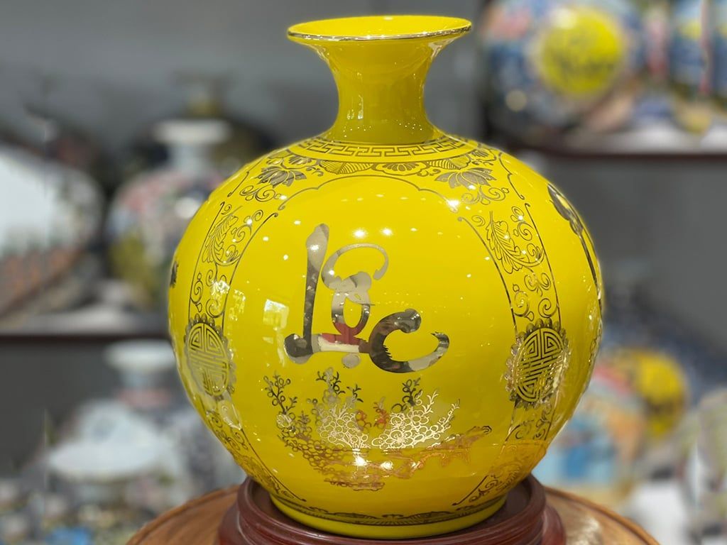  Bình Hút Lộc nền vàng vẽ vàng Phúc Đức Tài Lộc 25cm bụng 23cm | Quà Tặng Khai Trương bình hút lộc Bát Tràng 