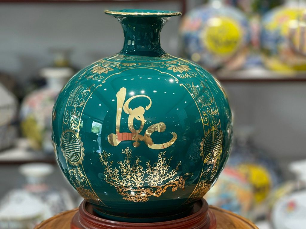  Bình Hút Lộc nền xanh vẽ vàng Phúc Đức Tài Lộc 25cm bụng 23cm | Quà Tặng Khai Trương bình hút lộc Bát Tràng 