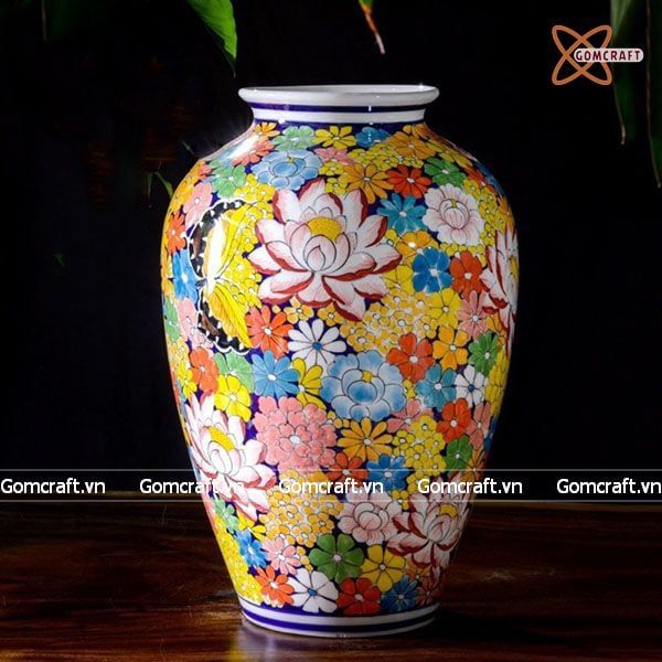  Bình Hoa họa tiết Ngàn Hoa dáng xoài vẽ men màu cao 40cm miệng 14cm | Quà Tặng bình hoa Bát Tràng 