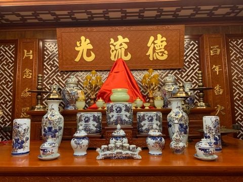  Bộ đồ thờ Bát Tràng men ngọc vẽ vàng 24k đầy đủ 