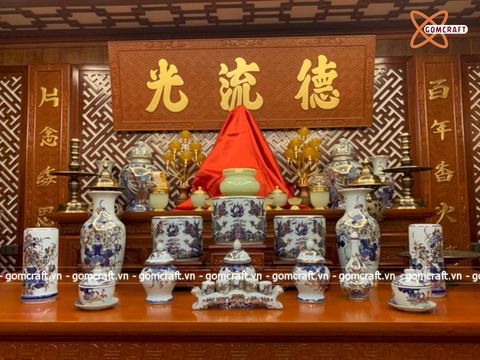  Bộ đồ thờ Bát Tràng men ngọc vẽ vàng 24k đầy đủ 