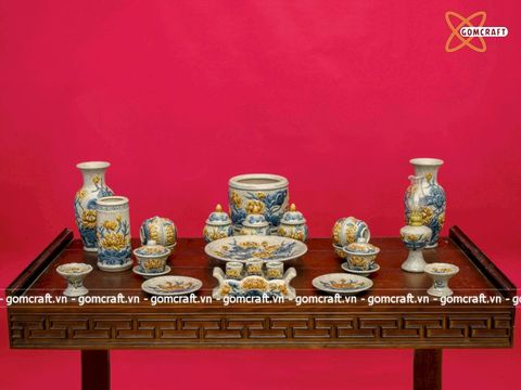  Bộ đồ thờ Bát Tràng men rạn đắp nổi hoa sen 