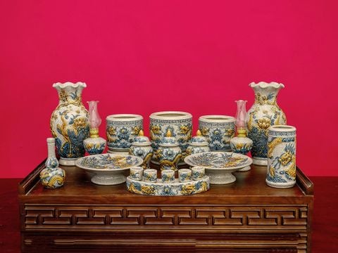  Bộ đồ thờ Bát Tràng men rạn đắp nổi rồng 