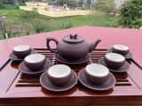  Ấm Chén Bát Tràng gốm Tử Sa dáng Trống Đai Gụ chỉ đỏ lòng trắng 300ml | Quà Tặng Doanh Nghiệp bộ ấm chén uống trà 