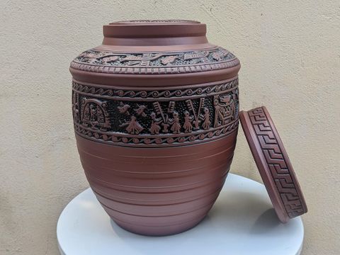  Quà tặng Bố Chum sành khắc nổi họa tiết Trống Đồng Đông Sơn dung tích 30 lít 