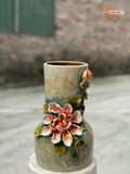  Bình Hoa vuốt tay men Màu đắp nổi họa tiết Hoa Thược Dược dáng Đầm cao 24cm | Quà Tặng bình hoa Bát Tràng 