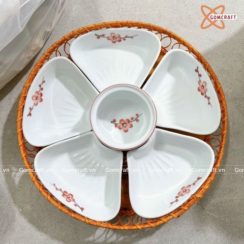  Bát Sứ Bát Tràng Hoa Mặt Trời 5 cánh họa tiết Hoa Đào Đỏ size 38 | Quà Tặng Doanh Nghiệp bát sứ 