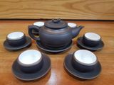  Ấm Chén Bát Tràng gốm Tử Sa dáng Trống Đai Đen chỉ bạc lòng trắng 300ml | Quà Tặng Doanh Nghiệp bộ ấm chén uống trà 